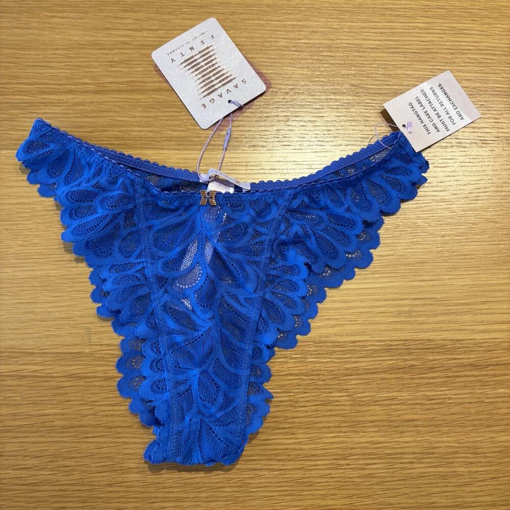 SAVAGE FENTY Size XS Not Sorry High Leg Stretch Lace Brazilian Panty Blue